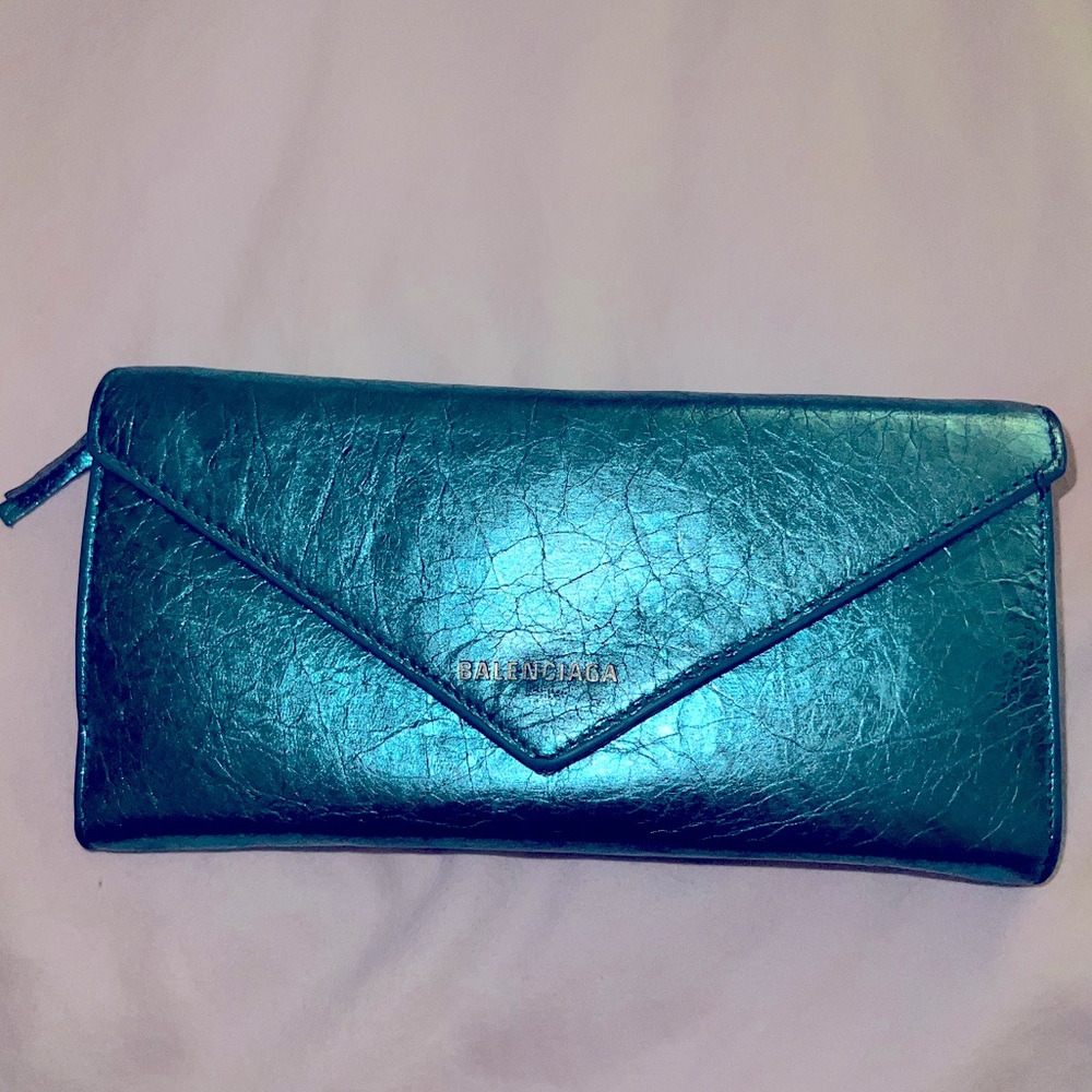 Balenciaga Metallic Papier Trifold Leather Wallet - blue